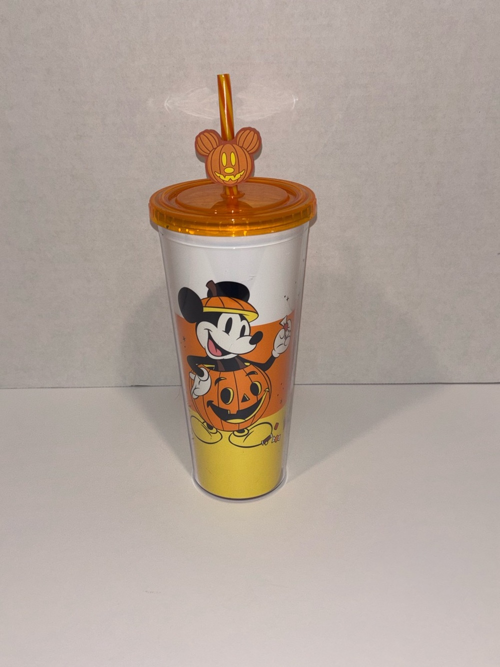Disney Tumbler Mickey Mouse Halloween Candy Corn w/ Pumpkin Mickey Straw Topper.